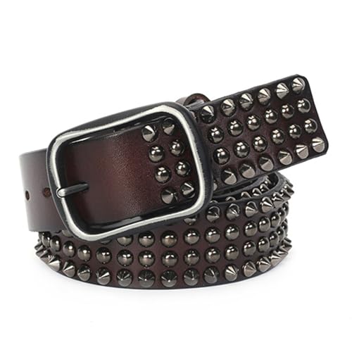 Leather Belts Punk Rock Cowhide Studded Handmade Adjustable Belt 4 Row Cone Spike And Circular Rivet Arrangement