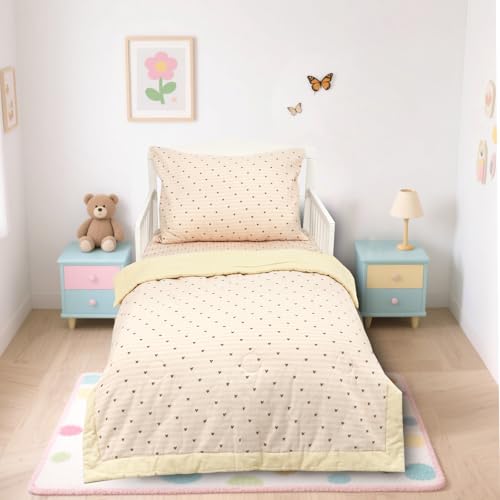 Image of Hooyax Muslin Toddler Bedding Set for Girls - 3 Piece Crib & Kids Bed Set with Fitted Sheet, Quilt and Pillowcase, Breathable & Soft Bedding with Romantic Heart Print