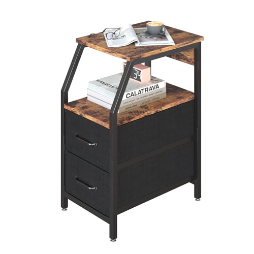 TREETALK Side Table, Narrow End Table with Oblique Angled Storage Shelf, 2 PCS Fabric Drawer and Adjustable Leg Pads,Nightstand Beside Table for Living Room Bedroom Rustic Brown
