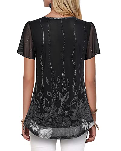 VALOLIA Womens Tops Short Sleeve Shirts Casual V Neck Blouse Double Layers Mesh Tunics Tops2