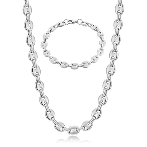 AFSTALR Chaine Argent Homme 2pcs Collier Grain De Café 9mm Bracelet Homme Acier Inoxydable 51cm - Emballage Cadeau Pour Papa Amie