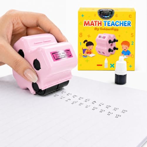 Image of GoldenEgg Math Teacher 4-in-1 Math Roller Stamp, Addition, Subtraction, Multiplication & Fill-in-The-Blank Practice Tool for Kids, Classroom & Home Use (Pink)