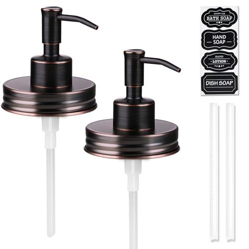 Image of Amolliar Mason Jar Liquid Soap Dispenser Pump, RustProof Stainless Steel Lid, Refill Liquid Soap Pump for Kitchen, Bathroom, Hand, Dish, Lotion Soap Pump, Cute Farmhouse Decor, Oil Rubbed Bronze 2Pack