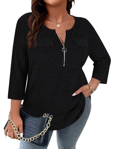 Viracy Women Plus Size Sweaters 3/4 Sleeve Zip V Neck Ribbed Solid Color Casual Blouses Tops XL-5XL
