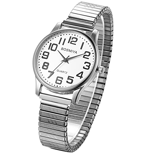 JewelryWe Mens Big Dial Easy Reader Quartz Watch, Gold/Silver Tone Elastic Band Wristwatch