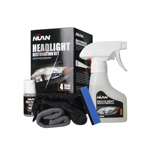 NUAN Automotive Headlight Restoration Kit - Refurbishing Fluid & Polishing Cleaner for Oxidized Yellowed Headlamps Enhanced Hydrophobic Coating for Superior Gloss & Protection on All Vehicles