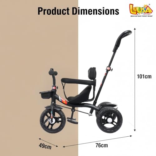 Image of Luusa GT-1 Kids Tricycle with Parental Control Handle, Safety Guard Rail & Cushioned Seat | Plug & Play Baby Trike for Boys & Girls (1 to 4 Years) | Up to 25 kg Load Capacity | Made in India | Black Edition