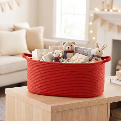 Image of Large Woven Gift Basket Empty, Red Cotton Rope Storage Bin with Handles, Dog Toy Box, Baby Nursery Organizer Bin, Decorative Shelf Basket, Blanket Storage, Room Decor, Red, 19.6 inchx11 inchx7.8 inch