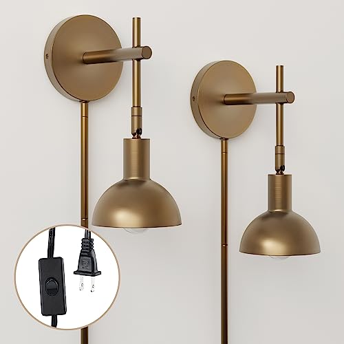Image of Nathan James Tamlin Vintage Brass Wall Light Fixture, Wall Mounted 1-Light Lamp, Plugin Sconce with On /Off Switch for Living Room, Reading Nook or Bedroom, Brass, Set of 2