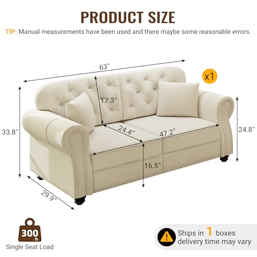 Image of KEIKI 63 inch Velvet Chesterfield Sofa with Rolled Arms & Nailhead Trim, Modern Upholstered 2-Seater Button Tufted Couch with High Resilience Cushion & 2 Pillow, Easy Assembly, for Living Room, White