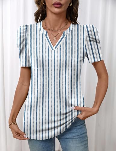 Image of LOMON Spring Summer Tops for Women 2026 V Neck Puff Short Sleeve Tops Fashion Trendy Work Blouses Dressy Casual S-XXL