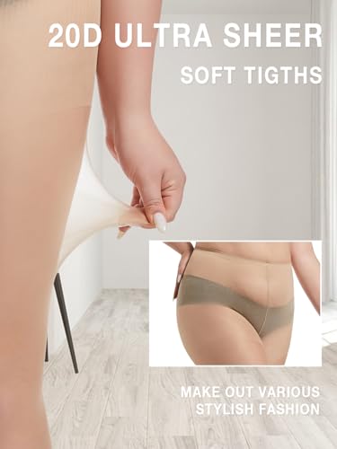 Image of MERYLURE Plus Size Sheer Tights for Women,20D Control Top Pantyhose Reinforced Toes High Waist Stockings 3 Pairs 1XL-6XL