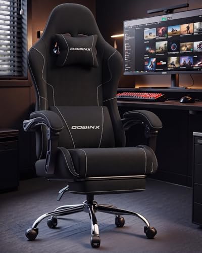 Image of Dowinx Ergonomic Gaming Chair with Footrest & Massage Lumbar, 2D-Linkage Armrests for Computer Chair 330lbs with Headrest Pillow for Office, Home, Streaming and Long Gaming Sessions, Fabric Black