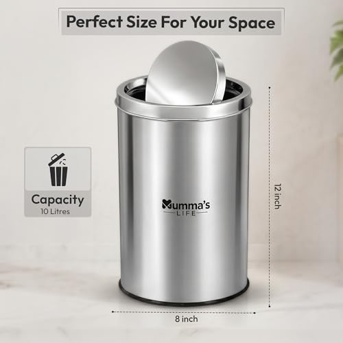 Image of Mumma's LIFE 20L Dustbin for Home | Stainless Steel Swing Dustbin with Lid | Trash Can for Kitchen, Bathroom, Washroom, Bedroom & Office (10x14 Inch)