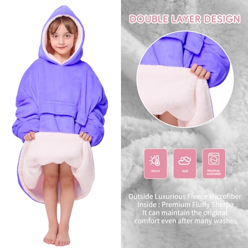 yescool Wearable Blanket Kids Hoodie, Birthday Teen Girls Gifts for 8-15 Year Old Kids Oversized Sweatshirt Sherpa Flannel Cozy Hooded Blanket with Pocket for Children, Youth Teens, One Size, Purple