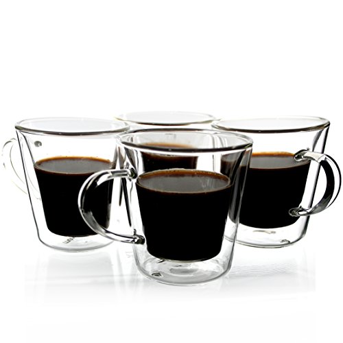 Janazala Espresso Cups Shot Glass Set of 4, Double-Wall Insulated Clear Glass Coffee Cups, Borosilicate Glass, Model TRAPEZIO, 3.5 oz, 100 mililiter