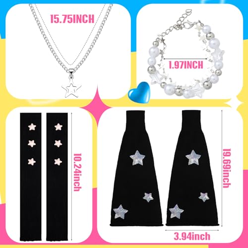 4 Pack Y2k Accessories Set Y2k Leg Arm Warmers for Girls Gyaru Cloth 80s Outfit Jewelry Accessories Set Star Necklace Silver Bracelet Kawaii Japanese Harajuku Outfits Fashion Aesthetic for Girl Women3