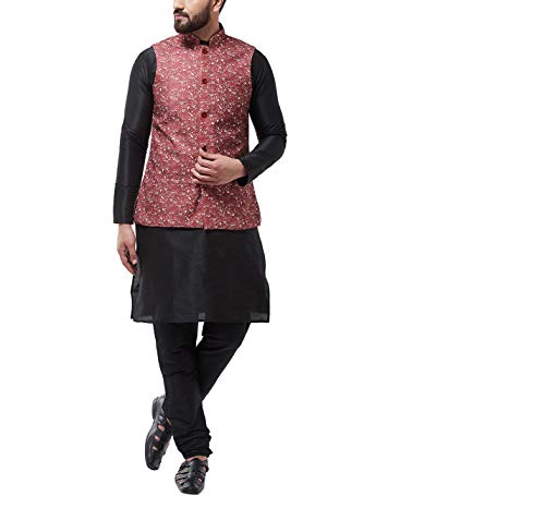 Image of SOJANYA (Since 1958 Men's Silk Blend Black Kurta Pyjama & Printed Nehrujacket Combo