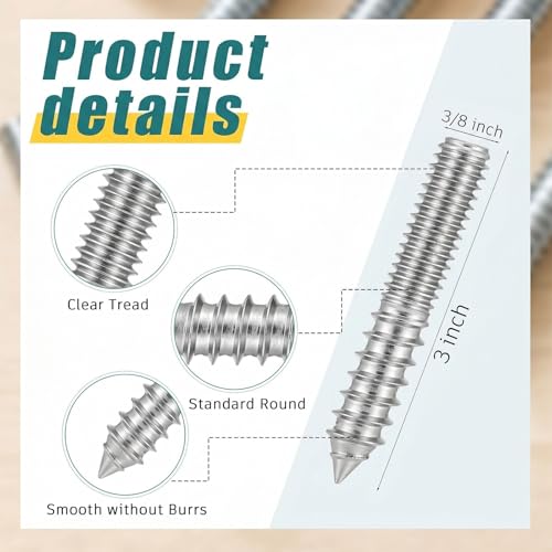Image of Hicarer 20 Pack 3 /8-16 x 3 Inch Hanger Bolts Double Headed Bolts with Driver Self Tapping Screw Threaded Rod Screws for Furniture Double Headed for Wood Furniture Joint, Silver