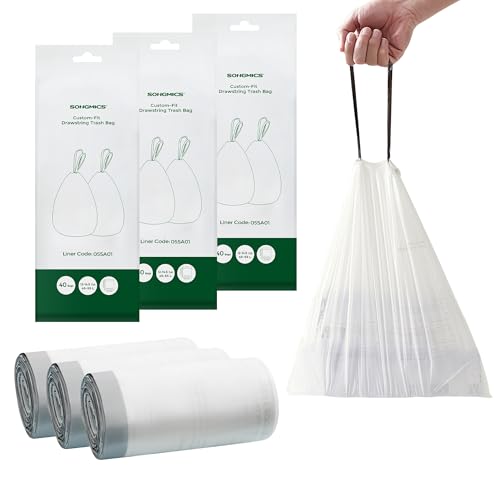Image of SONGMICS Trash Bags, for 12-14.5 Gallon (45-55L) Trash Can | Drawstring Kitchen Garbage Bags, 3 Rolls, 120 Count, Pre-Separated, Box-Free Pack, Liner Code 055A01, White UKRB055A03V1