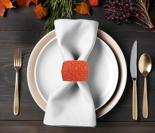 Image of COTTON CRAFT Glitz Beaded Napkin Rings - Set of 12 - Handmade Coral Napkin Ring Holders for Dining Table Decor - Elegant Beaded Napkin Rings for Weddings, Parties, Brunch, Summer Table Settings