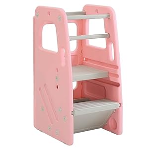 Sdadi toddler kitchen stool helper plastic step stool for kids with 3 adjustable height dual safety rails and non slip feet pads pink  urban country home decor