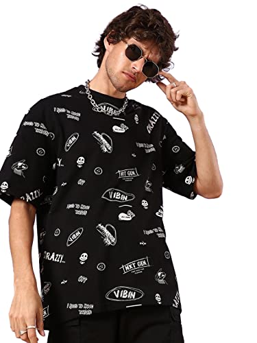 Image of Bewakoof Men's All Over Printed 100% Cotton T-Shirt - Oversized Fit, Round Neck, Half Sleeves