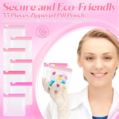 Image of Sherr 35 Pcs Pill Pouch Bags with Zipper Pill Pouch Set Travel Reusable Translucent Medicine Organizer Self Sealing Plastic Bag with Slide Lock for Storage(Gradient Pink,3 x 3 Inch,Blank Style)