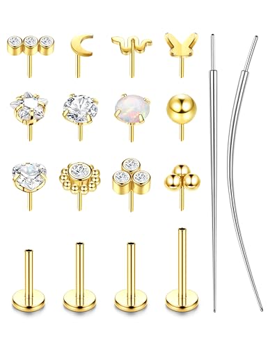 SAILIMUE 14K Gold Filled Threadless Nose Rings Studs - 20G 18G 16G Nose Rings for Women Men Hypoallergenic Surgical Steel Threadless Flat Back Earrings Nose Nostril Medusa Helix Tragus Piercing Jewelry Small Push in Flat Back Nose Studs