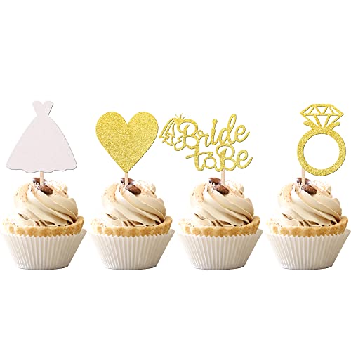24 PCS Bride to Be Cupcake Toppers with Glitter Heart Ring Dress Bridal Shower Cupcake Picks Decorations for Wedding Engagement Bachelorette Party Supplies Gold