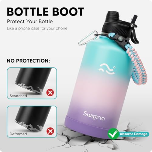 Image of Swigina [2-IN-1 LID] 64 oz Insulated Water Bottle with Silicone Boot (48hrs Cold /24hrs Hot) - DIY Stickers, Leakproof, BPA Free, Half Gallon