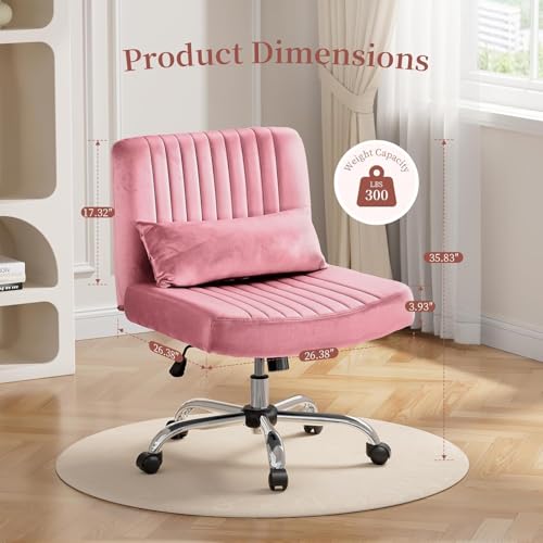 Image of Velvet Criss Cross Desk Chair with Wheels, Luxury Cross Legged Office Office, Swivel Wide Seat Vanity Chair, Armless Adjustable Height Gaming Chair Gift, Dusty (1, Light Rose Pink)