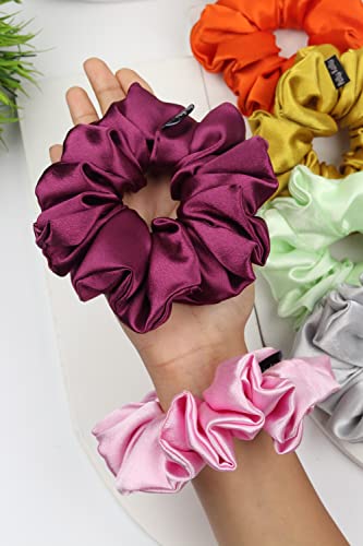 Image of Premium Satin Scrunchies for Women | Hair Bands, Ponytail Holders & Rubber Bands | Oversize, Fluffy, No-Damage Hair Ties | Girls Hair Accessories | Extra Large Size | Pack of 6