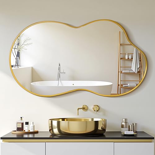 Image of Suidia Irregular Wall Mirror, 36"x24" Bathroom Mirror Asymmetrical Mirrors Artistic Mirrors Decorative for Living Room Bedroom Bathroom Hallway Entryway, Gold, Cloud Style