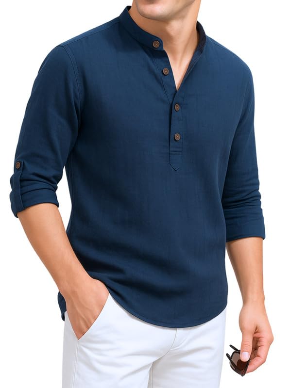 Image of DEELMO Men's Cotton Blend Solid Regular Fit Full Sleeve Short Kurta | Men's Trendy Short Kurta