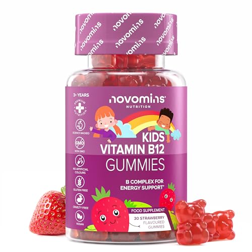 Vitamin B12 Kinder Gummibärchen - Vitamin B Komplex Hochdosiert mit B12, B1, B2, B6, Biotin, C - Vegan & Glutenfrei B12 - Alternative zu Vit B 12 Tropfen. & Tabletten - 30 Gummies - Novomins