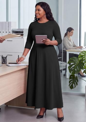 Image of FANDEE Fit-and-Flare Maxi Dress Round Neck Pleated Front Side Pockets | Front pleats soft flatter your bust shape; Empire Waist lengthen your figure; 3 /4 sleeves round neck suit for many occasions