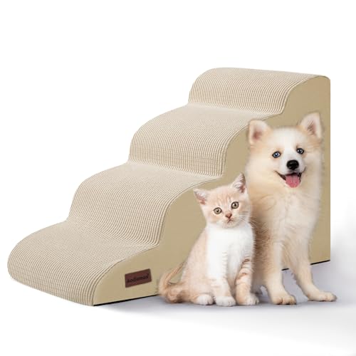 Image of Aodisman Dog Steps for Bed or Couch,4-Step Pet Stairs Ramp for Small Dogs | 17.4 inch H Indoor Non-Slip Dog Stairs Help Senior Dogs,Short-Legged Breeds,Puppies and Cats to Reach Beds and Chairs,Grey,Beige