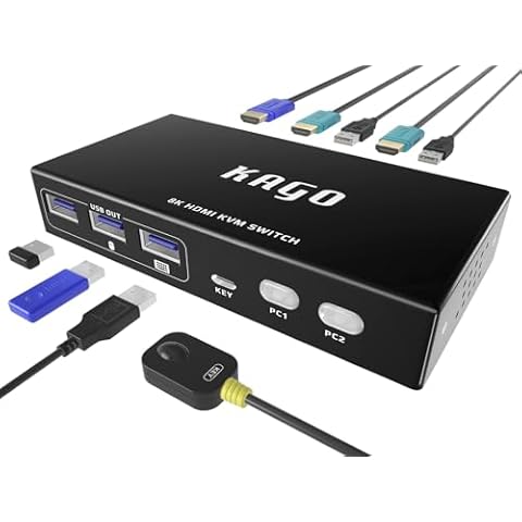 KAGO 8K HDMI KVM Switch 1 Monitors 2 Computers,3 USB 3.0 Selecter Share Keyboard Mouse Printer,Support Ultra HD 8K(7680 * 4320) 60Hz,4K 120Hz,2 HDMI 2.1 & USB Cable Included(Black) Cover