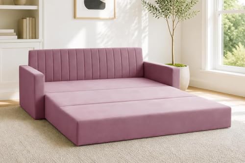 Image of Armrest Modern Three Seater Sofa Cum Bed Velvet Fabric Couch for Living Room, Space Saving Foldable Sleeper Sofa, (Rose Pink-Color)