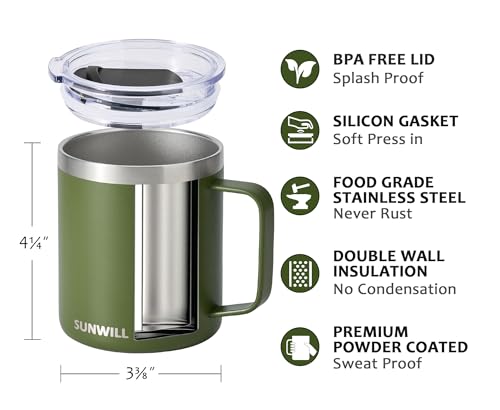Image of SUNWILL Travel Coffee Mug with Lid, Insulated Tumbler with Handle, 14 oz Stainless Steel Cup for Camping, Office, Home, Powder Coated Olive