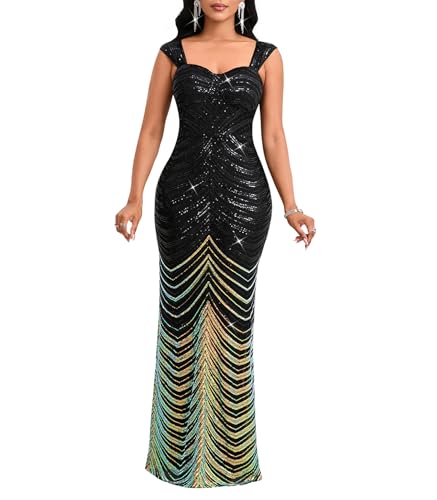 Image of dasmzper Women's Sequin Evening Gown - Elegant Sleeveless V Neck Mermaid Formal Maxi Dress for Wedding, Prom or Party