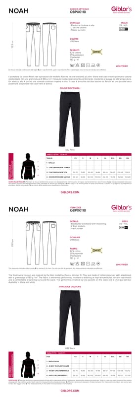 Giblor's Pantalone NOAH da Cuoco Cameriere Cucina Sala Elasticizzato Uomo NERO