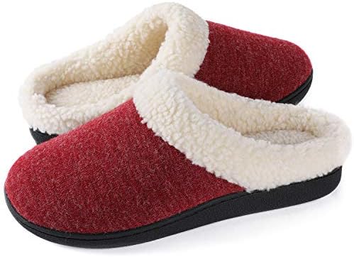 Wishcotton Women's House Slippers with Memory Foam, Ladies Slip on Nonslip Indoor Bedroom Slippers with Rubber Soled, Warm Cozy Fuzzy Sherpa Fleece Lined Winter Home Shoes, Wine, 6.5-7.5 US