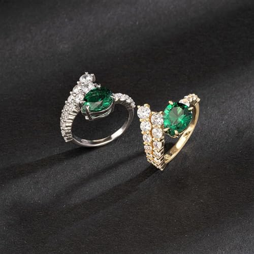 Vintage 925 Sterling Silver Simulated Emerald & Cubic Zirconia Adjustable Ring for Women, Engagement Promise Green Droplet Motif Ring for Her4