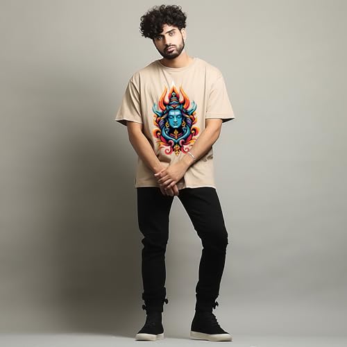 Image of prabhu bhakti Men's Oversized Shiva Om Printed Beige T-Shirt | Back Print Drop Shoulder Pure Cotton Oversized Tshirt for Men