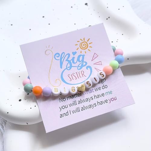 Image of Big Sister Gifts For Little, Pastel Rainbow Heart Rainbow Ball Big Little Sister Bracelet Announcement, Birthday Jewelry