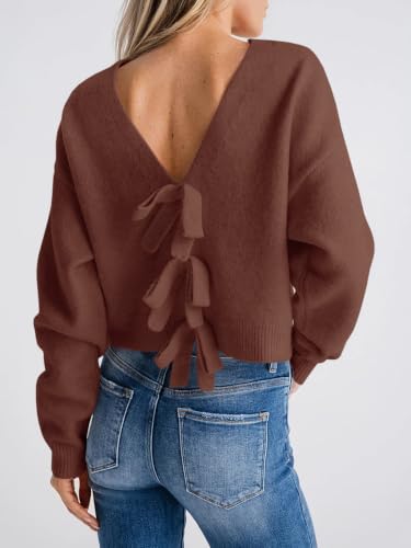 Image of Saodimallsu Womens Bow Sweater Cropped V Neck Long Sleeve Pullover Tops | Soft Cozy Knit, Two-Way Wear Design, Front & Back Bow, Cute Fall Tops 2026, Winter Fashion, Dressy Casual Holiday Outfits