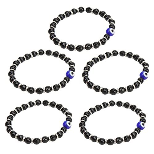 XZXCVN Pulsera Ojo Turco Azul 6MM, 5 Piezas de Cristal de Vidrio, Pulsera Elástica Negra - Protección Contra Energías Negativas, Diseño Elegante, Regalo Ideal