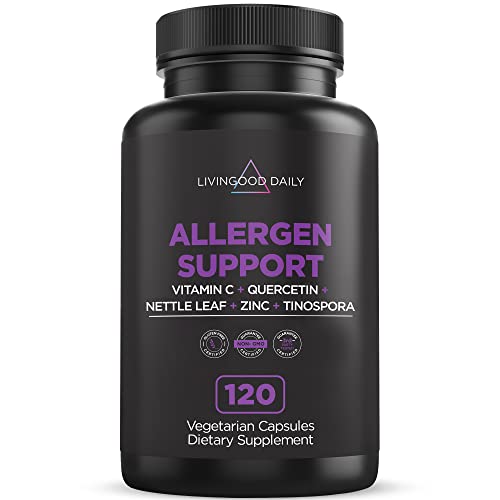 Livingood Daily Allergen Support - Quercetin, Stinging Nettle, Vitamin C, Zinc, Bromelain & Guduchi - Seasonal Allergy Relief - Natural Antihistamine - Superior Immune Support Supplement, 120 Capsules #TOP7